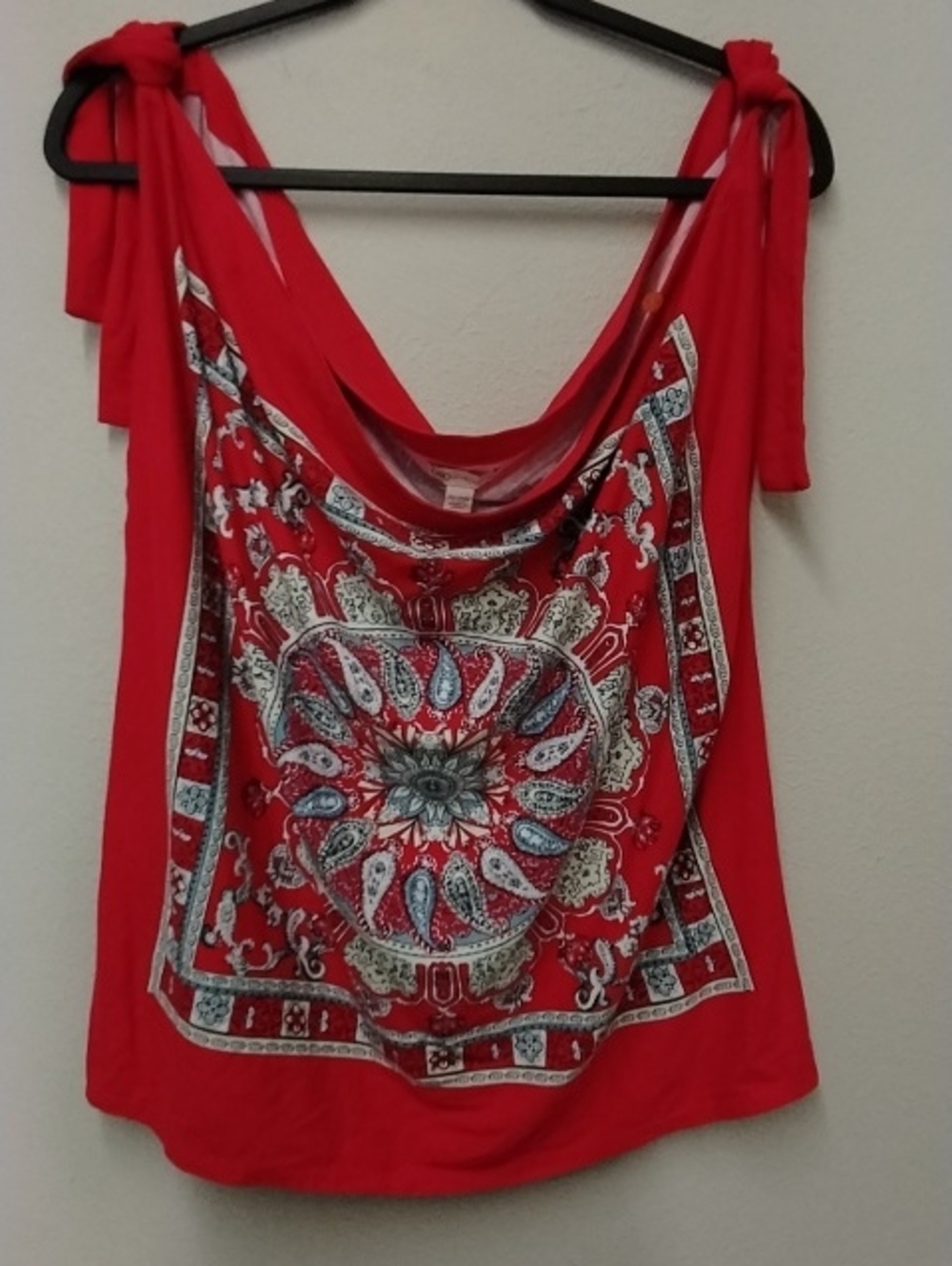 Cato Red Boho Tie-Shoulder Tank with Medallion Print